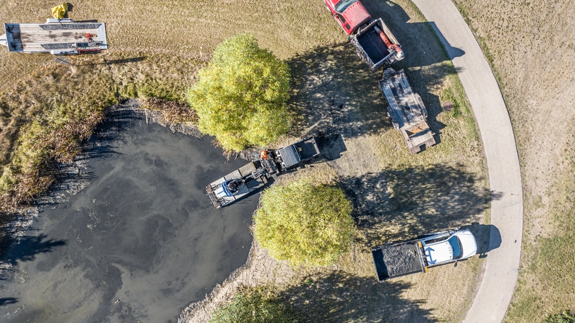 Drone shot over vegetation harvesting area